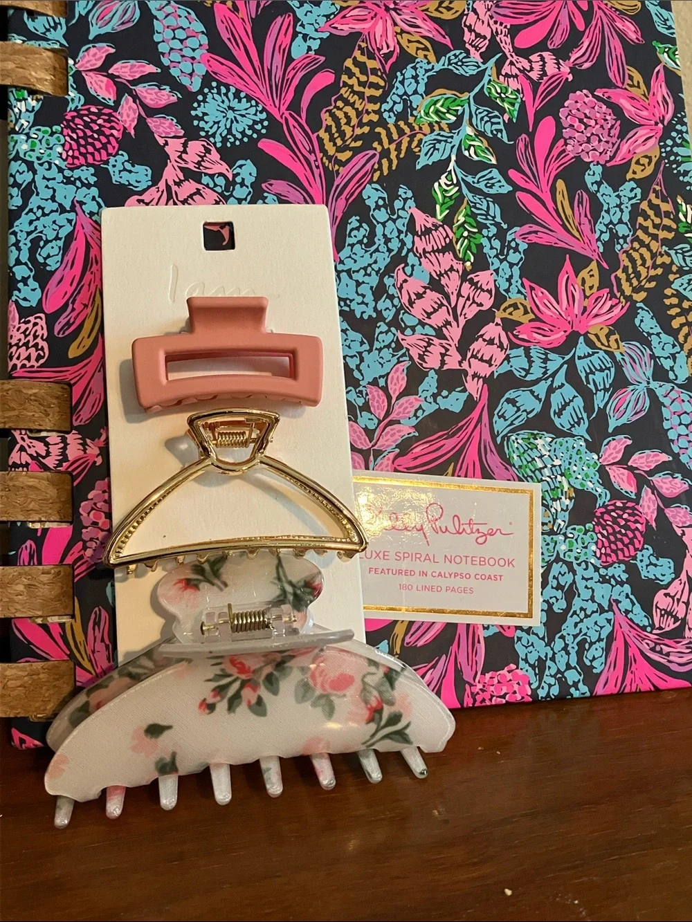 Lilly Pulitzer Notebook & 3hair clips, 2 PF Face powder, EOS lip&hand accessorys